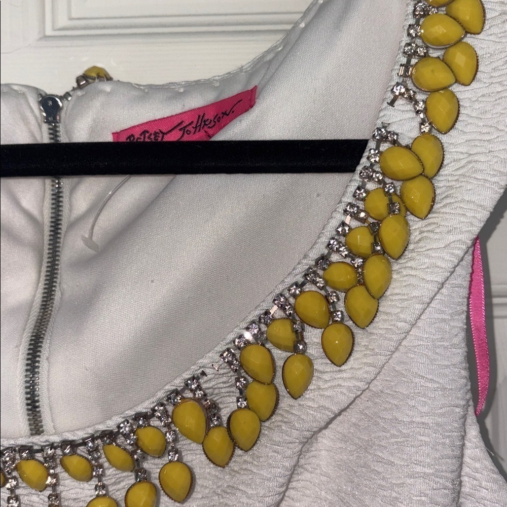Betsey Johnson White Yellow Jeweled Flare Dress Size 8 - Picture 3 of 8
